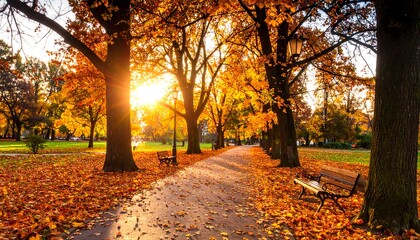 Autumn park path with sunlight