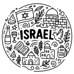 Illustrative Doodle Art Featuring Symbols of Israel Including Landmarks, Cultural Icons, and National Emblem
