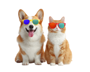 Funny dog and cat wearing colorful sunglasses, sitting together, isolated on transparency background, playful and cheerful pet friendship concept