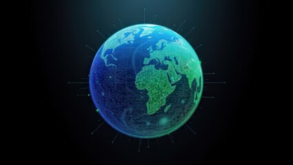 Fototapeta premium Digital earth globe with blue and green continents on a dark background with connecting lines