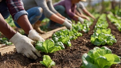 People are carefully planting young lettuce seedlings in a fertile garden bed, nurturing the growth of fresh produce.