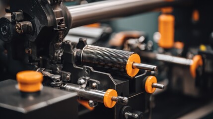 Close-up of industrial equipment textures and safety accents, robust design for engineering catalogs, factory campaigns and mechanical backgrounds