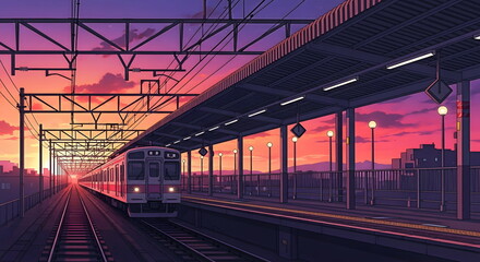 Obraz premium Retro Anime Train Approaching Station at Vivid Sunset