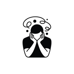 Person with hands on face surrounded by swirling lines and dots representing confusion or stress