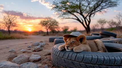 Lion cub resting in tire