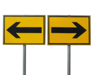 Yellow road sign with black left arrow and yellow road sign with black right arrow, both on metal poles, isolated on transparency background, clear direction, guidance concept