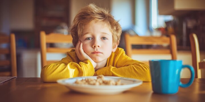The thoughtful boy waiting at the table with his breakfast plate and mug. - Powered by Adobe