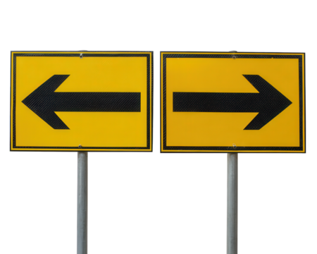 Yellow road sign with black left arrow and yellow road sign with black right arrow, both on metal poles, isolated on transparency background, clear direction, guidance concept