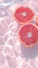 Fototapeta premium Fresh pink grapefruit slices floating on shimmering water surface, creating a vibrant and refreshing visual, ideal for health and wellness themes, summer vibes, and culinary inspiration
