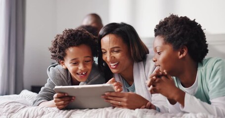 Mother, children or relax with tablet on bed for playing games, movie search or bonding in morning. Love, family or african people laughing with digital tech in home for streaming service or security - Powered by Adobe