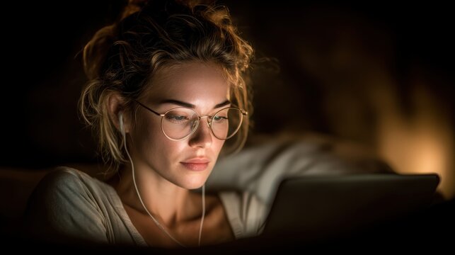 Close-up of a young woman with glasses and earphones using a tablet device in a dimly lit environment