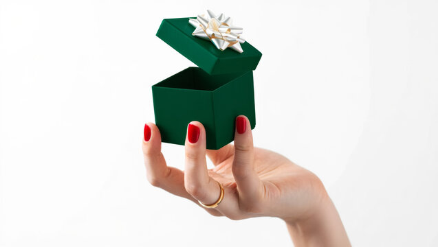 Hand holding a green box with a bow on top