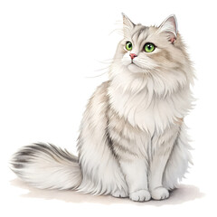 A watercolor painting of a cute white cat sitting calmly with a plain transparent background. Design illustration.