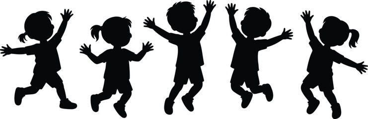 Obraz premium Silhouettes of happy children jumping and playing together