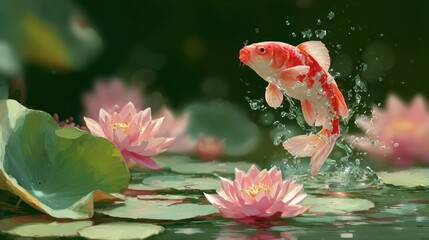 Koi Fish among Lilies: A vibrant Koi fish leaps playfully amidst a serene pond filled with delicate pink water lilies and lush green lily pads, creating a scene of tranquil beauty.
