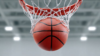 Fototapeta premium Basketball hoop with ball about to go through net in indoor gym with bright lights and blurred background creating dynamic sports action scene