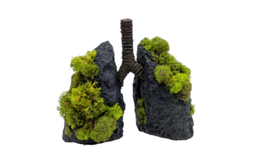 Lungs, covered in moss, dark gray rocks,  transparent background.
