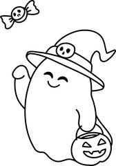 Cheerful Ghost with Witch Hat and Candy (Coloring Page Outline Illustration)