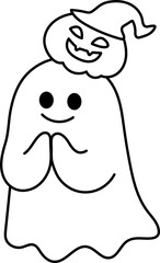 Happy Ghost with Pumpkin Hat (Coloring Page Outline Illustration)