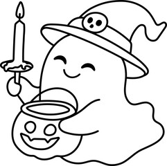 Ghost Holding Candle and Pumpkin Bucket (Coloring Page Outline Illustration)