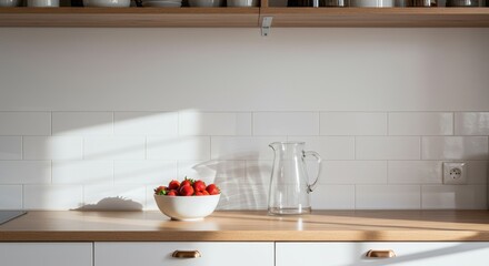 Fototapeta premium Bright and Minimalist Kitchen Scene with Fresh Strawberries and Modern Glassware on Wooden Countertop