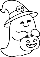 Smiling Ghost Holding Pumpkin Bucket (Coloring Page Outline Illustration)