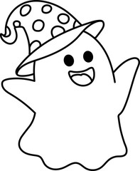 Smiling Ghost with Polka Dot Hat (Coloring Page Outline Illustration)