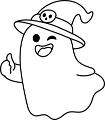 Thumb Up Ghost with Witch Hat (Coloring Page Outline Illustration)