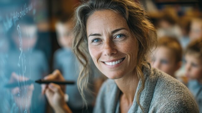 Smiling woman teacher with blue eyes and freckles writing on a transparent digital touchscreen in a classroom with children in the background