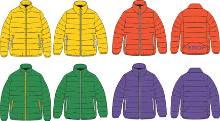 cad drawing flat vector illustration, colorful puffer jackets front back view, winter outerwear fashion design, technical sketch, zipper detail