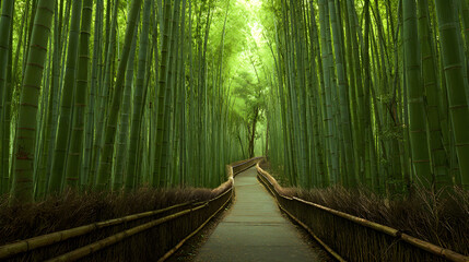 Obraz premium Tranquil Journey Through a Serene Bamboo Forest Pathway: A Gateway to Nature's Refreshing Green Escape and Meditative Adventure