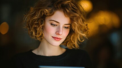 Close-up portrait of a young woman with curly red hair and a gentle smile, illuminated by warm bokeh lights in the background, wearing a black top