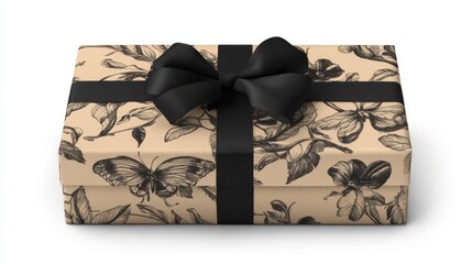 Obraz premium Elegant gift box with black ribbon and floral-butterfly design.