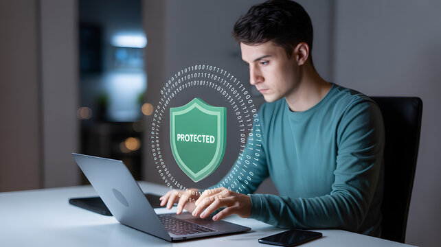 Young man securing digital data with shield icon and binary code overlay on laptop screen