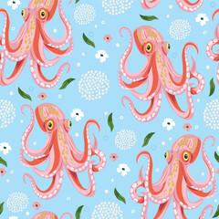 Cute seamless pink octopus and flower pattern in pastel Mediterranean style. Perfect for summer backgrounds, fabric, and coastal decor with a dolce vita vibe.