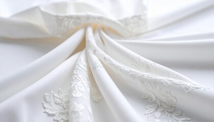 Fototapeta premium Elegant white satin fabric with delicate floral lace trim creating luxurious texture and soft folds