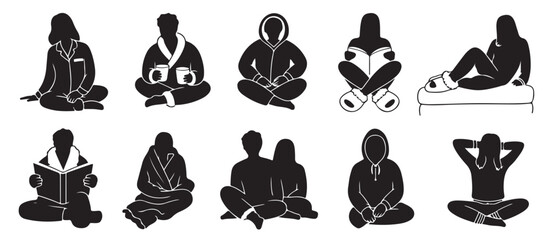Silhouettes of people in relaxed poses wearing pajamas robes and hoodies sitting and reading on white background