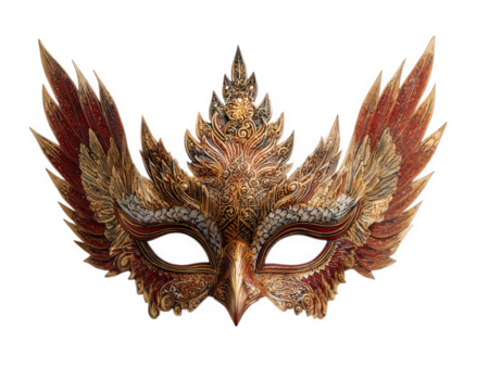Golden ornate mask feathered intricate pattern red and gold masquerade decorative elegant festive traditional isolated on transparency background
