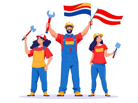 Illustrated workers holding tools and placards in solidarity. Ideal for labor events, awareness posters, union campaigns, or job-related content