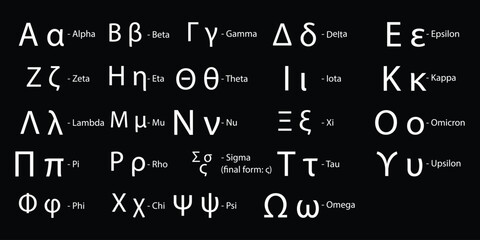 Greek alphabet vector set, Font with black and white Greek alphabet vector illustration set