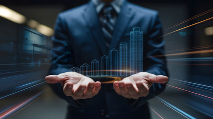 Businessman holding a glowing digital financial graph in his open palms with a futuristic city background
