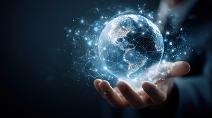 Digital World in Hand: A person's hand cradles a glowing digital globe, highlighting the interconnectedness of global networks, concepts of innovation and progress.