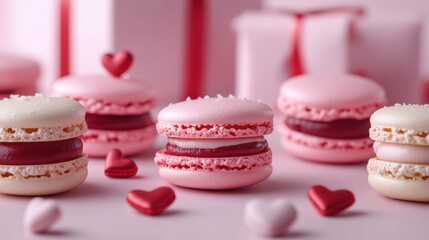 Fototapeta premium Macarons in heart shape in gift box isolated on pink background,events,aniversary festival gift set,french macaron cookies,trendy 2025,couple valentine Romantic love or pastry shop.