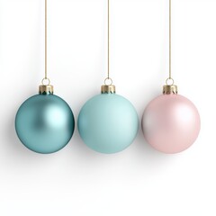 Set of three matte Christmas baubles in pastel tones, featuring blue, mint, and pink colors, hanging on golden strings against white background