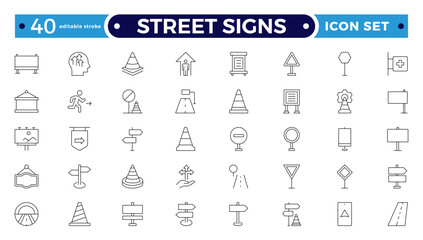 Street signs outline icon set. Guidance line icon set. Contains icons related to guidance, direction, and more. Editable stroke outline icon.
