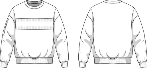 cad drawing flat vector illustration, unisex sweatshirt front back view, fashion technical sketch, ribbed crewneck cuffs hem, long sleeve template, streetwear design
