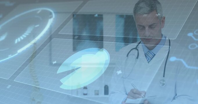 Doctor taking notes as holographic pie-chart and progress bar activating during medical consult