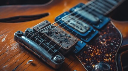 Naklejka premium Close up of a vintage guitar bridge