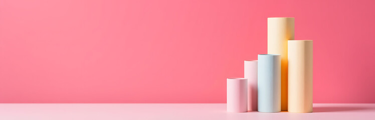 soft cylindrical cardboard tubes stacked vertically vibrant hot pink background warm midday light shallow depth