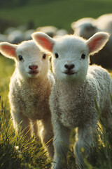 Obraz premium Calm and Serene: Adorable Baby Lambs Grazing in a Lush Green Pasture on a Sunny Spring Day, Embracing the Joys of Nature and Simple Rural Life